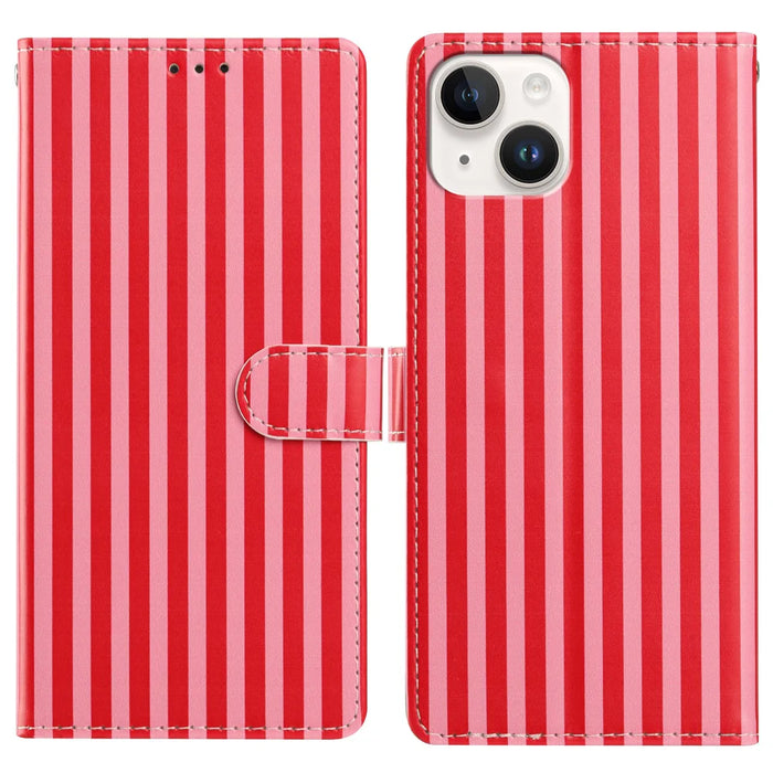 For iPhone 15 Wallet Case Vintage Stripes Leather Stand Flip Phone Cover with Wrist Strap - Red - 1