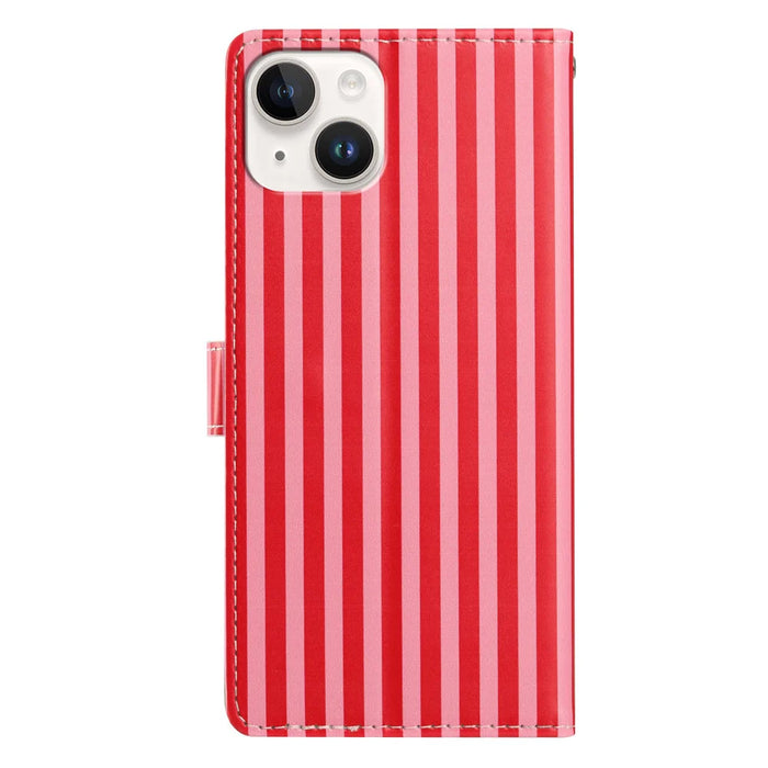 For iPhone 15 Wallet Case Vintage Stripes Leather Stand Flip Phone Cover with Wrist Strap - Red - 2