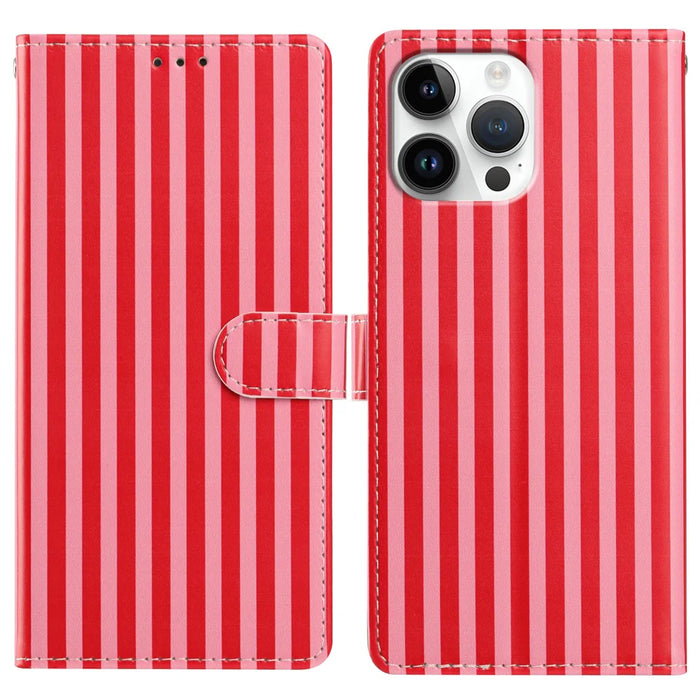 For iPhone 15 Pro Wallet Case Vintage Stripes Leather Stand Flip Phone Cover with Wrist Strap - Red - 1