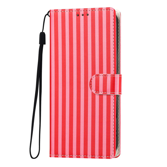 For iPhone 15 Pro Wallet Case Vintage Stripes Leather Stand Flip Phone Cover with Wrist Strap - Red - 3