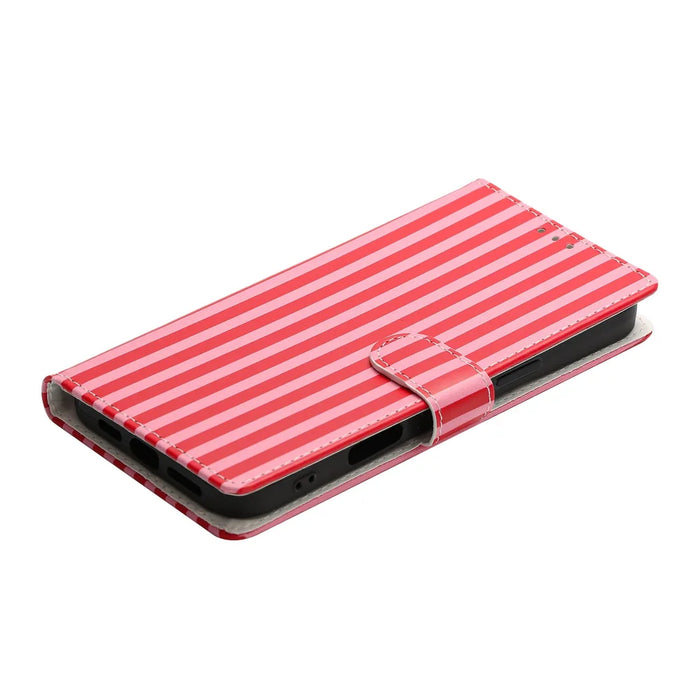 For iPhone 15 Pro Wallet Case Vintage Stripes Leather Stand Flip Phone Cover with Wrist Strap - Red - 5
