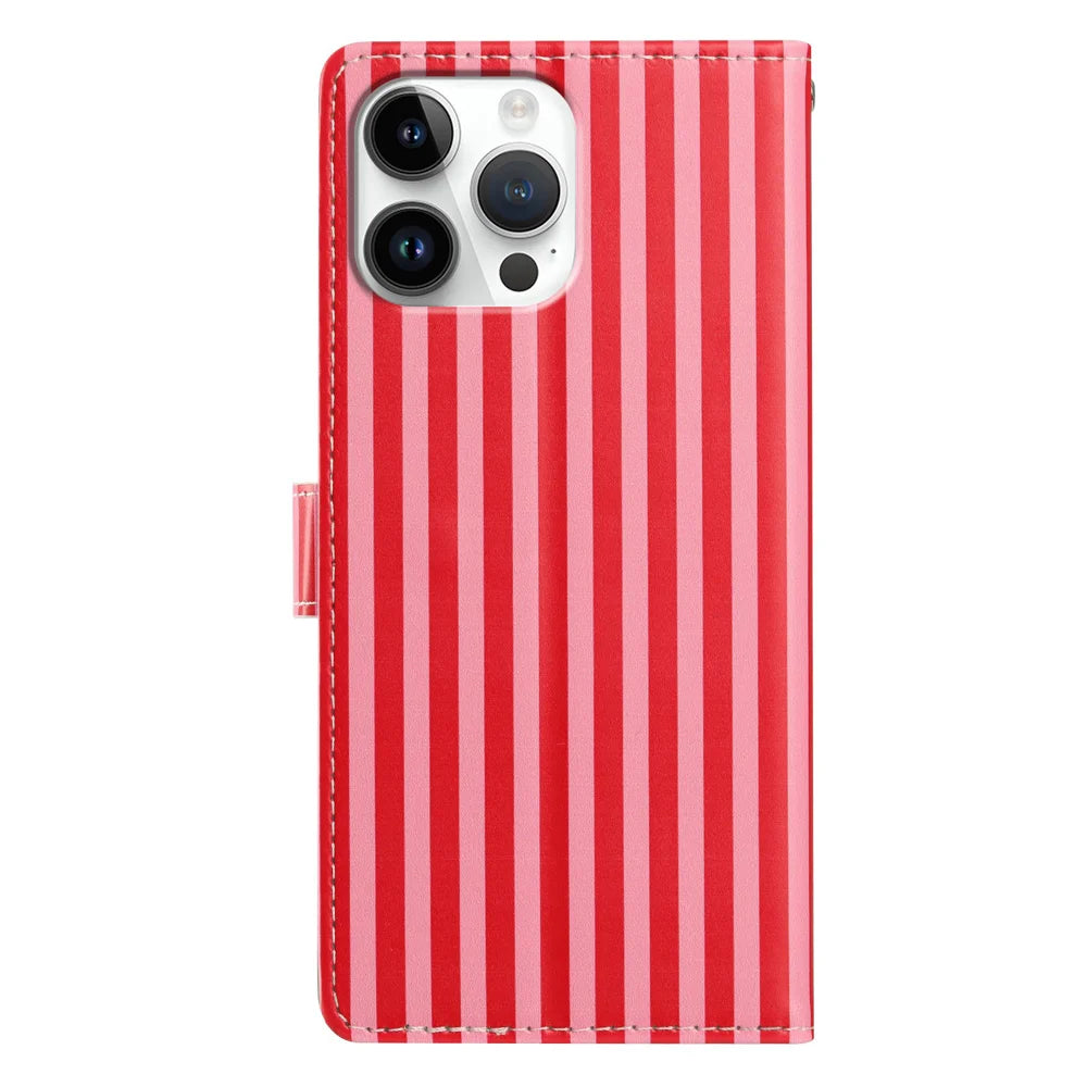 For iPhone 15 Pro Max Wallet Case Vintage Stripes Leather Stand Flip Phone Cover with Wrist Strap - Red - 2