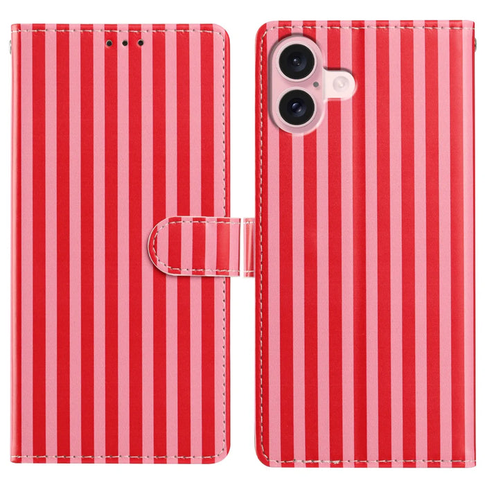 For iPhone 16 Wallet Case Vintage Stripes Leather Stand Flip Phone Cover with Wrist Strap - Red - 1