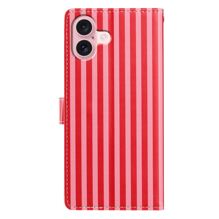 For iPhone 16 Wallet Case Vintage Stripes Leather Stand Flip Phone Cover with Wrist Strap - Red - 2