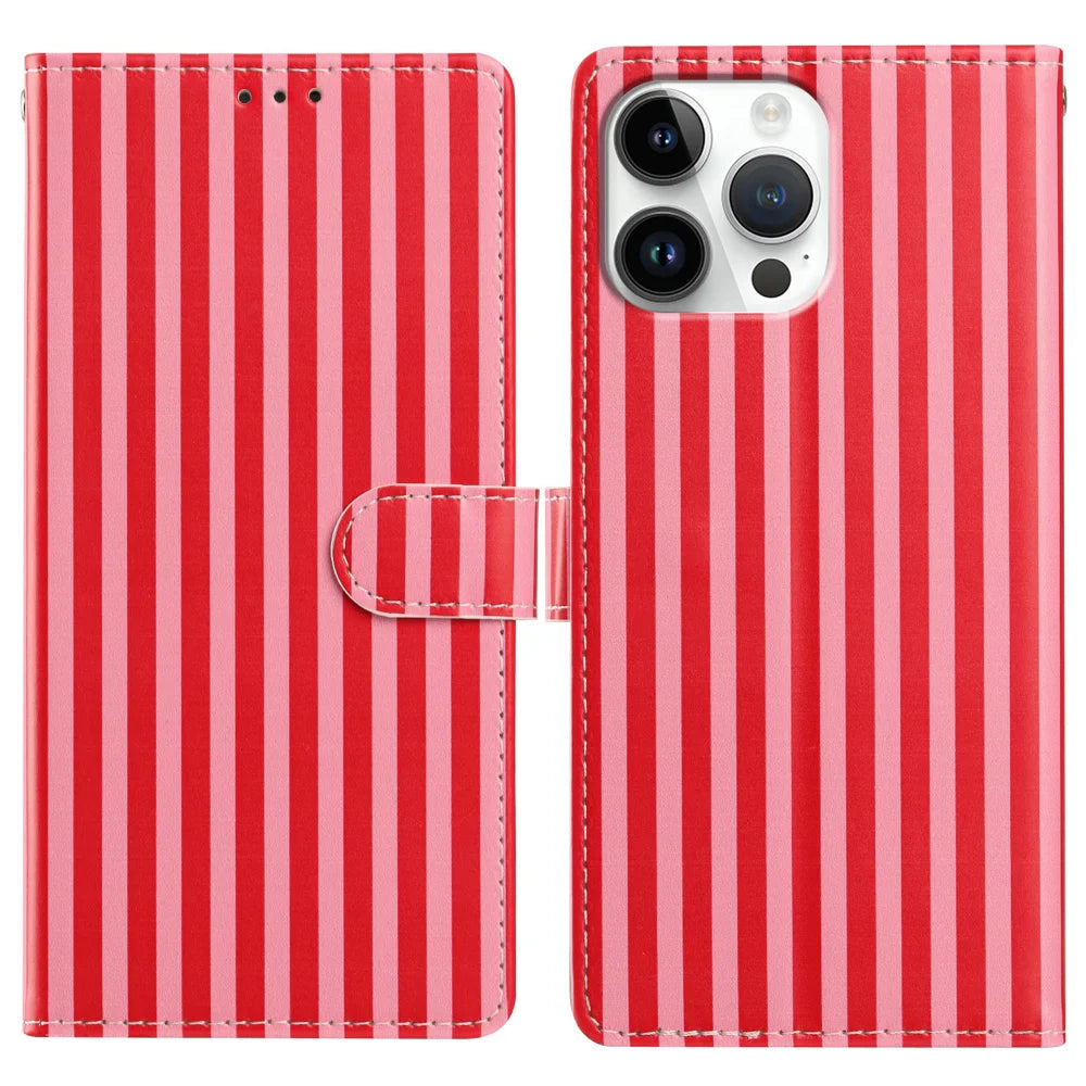 For iPhone 16 Pro Wallet Case Vintage Stripes Leather Stand Flip Phone Cover with Wrist Strap - Red - 1