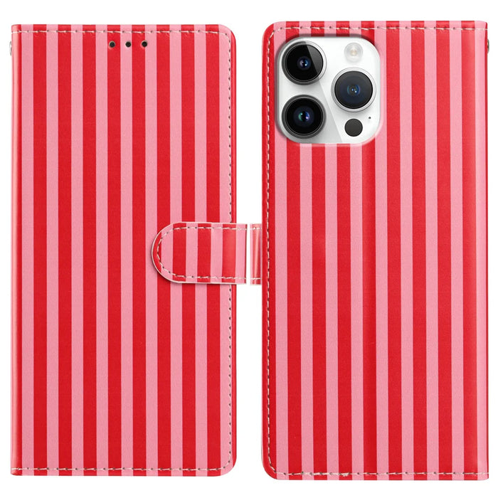 For iPhone 16 Pro Wallet Case Vintage Stripes Leather Stand Flip Phone Cover with Wrist Strap - Red - 1