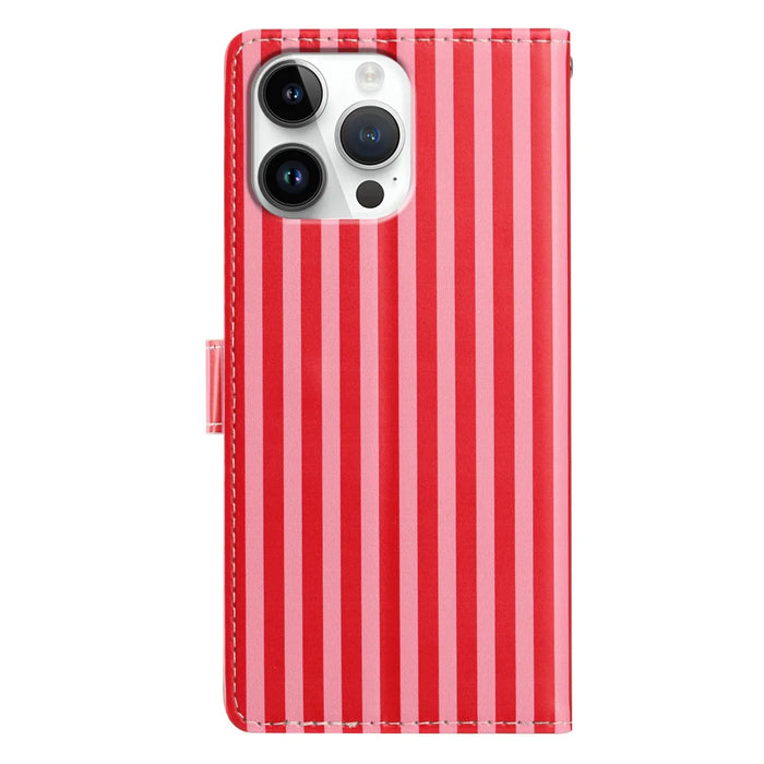 For iPhone 16 Pro Wallet Case Vintage Stripes Leather Stand Flip Phone Cover with Wrist Strap - Red - 2