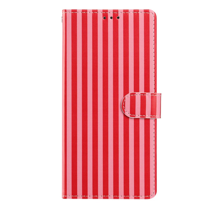 For iPhone 16 Pro Wallet Case Vintage Stripes Leather Stand Flip Phone Cover with Wrist Strap - Red - 4