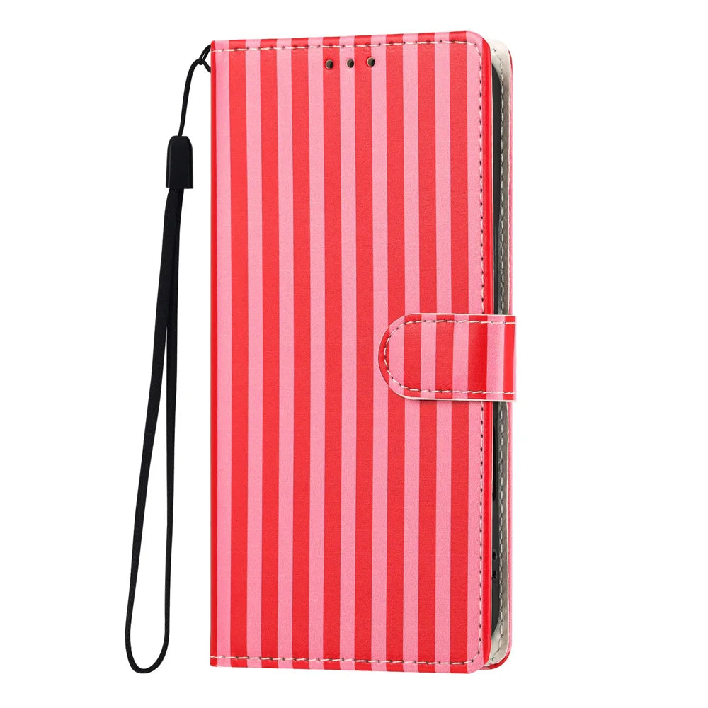 For iPhone 16 Plus Wallet Case Vintage Stripes Leather Stand Flip Phone Cover with Wrist Strap - Red - 3