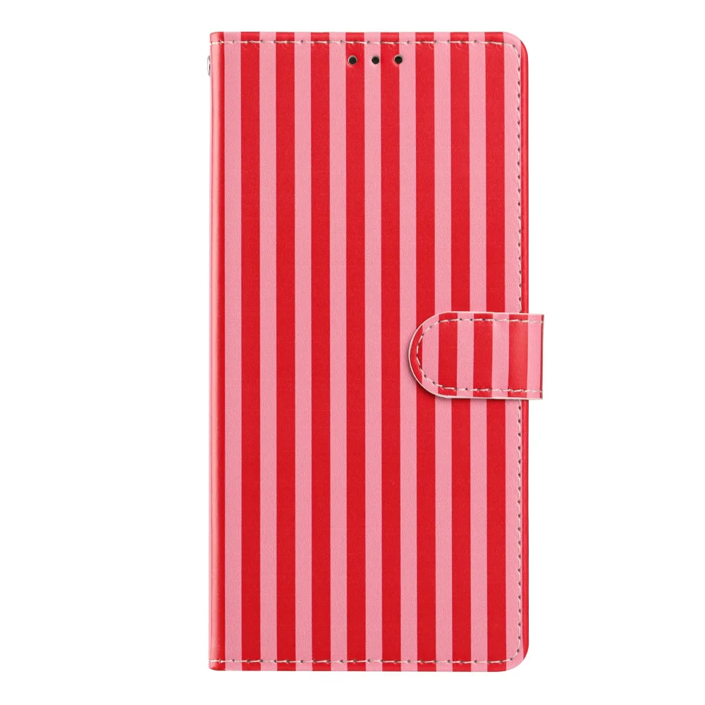 For iPhone 16 Plus Wallet Case Vintage Stripes Leather Stand Flip Phone Cover with Wrist Strap - Red - 4