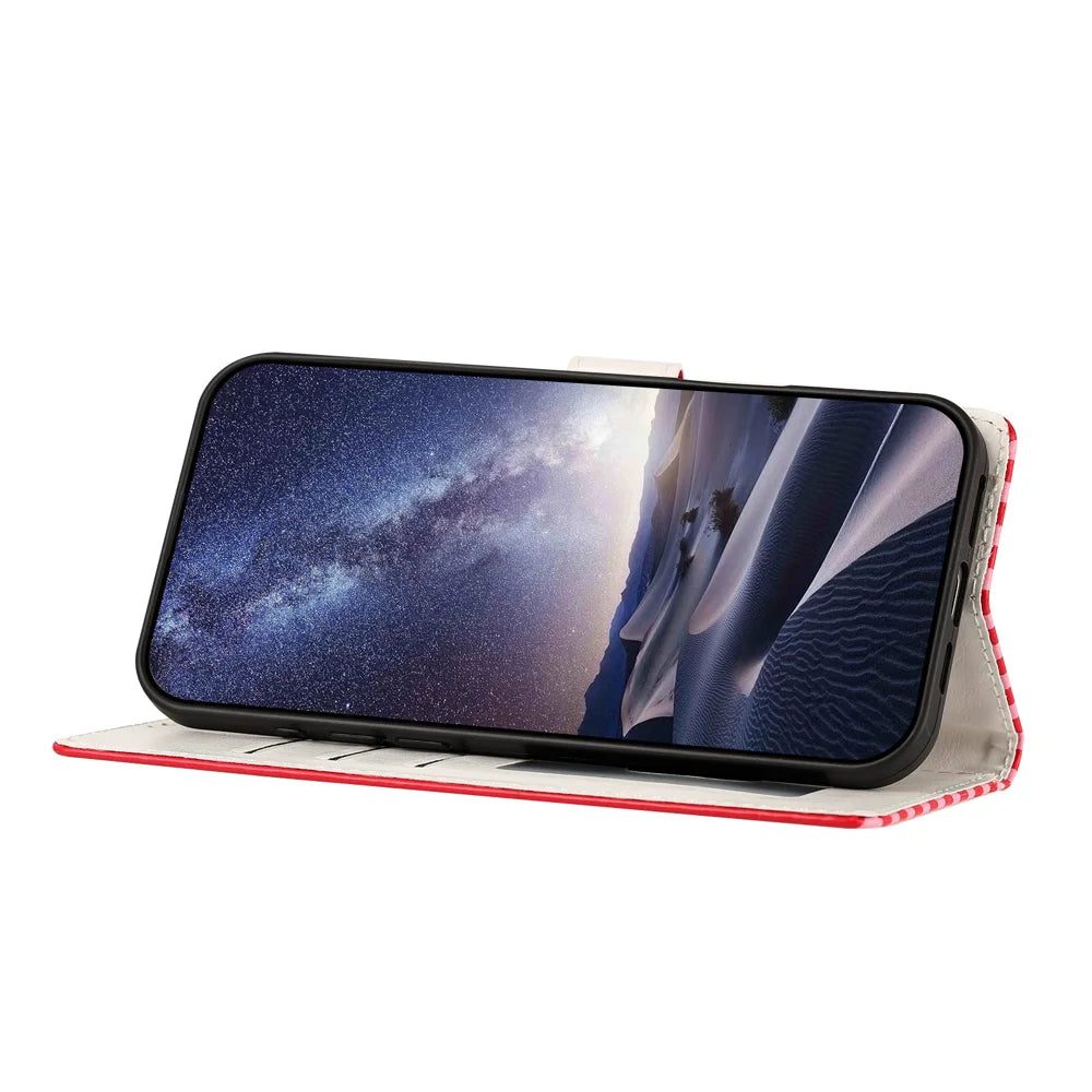 For iPhone 16 Plus Wallet Case Vintage Stripes Leather Stand Flip Phone Cover with Wrist Strap - Red - 6