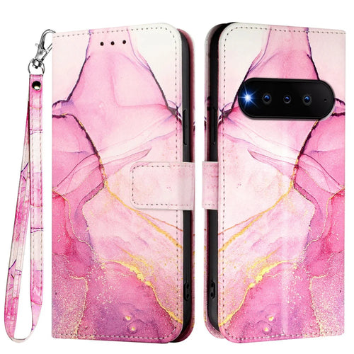 For Natural AI Phone Case with Strap Marble Pattern Leather Phone Cover Card Holder - Pink / Purple / Gold LS001 - 1
