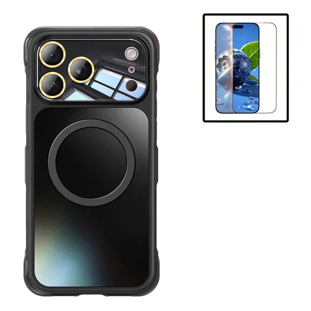 For iPhone 17 Pro Magnetic Case Airbag Anti-drop TPU + PC Phone Cover with Tempered Glass Screen Protector - Titanium Black - 1
