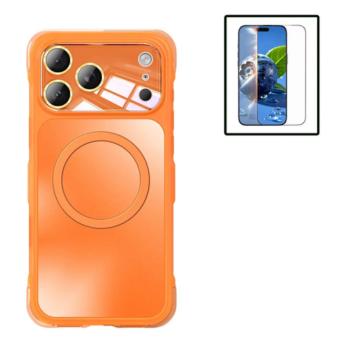 For iPhone 17 Pro Max Magnetic Case Airbag Anti-drop TPU + PC Phone Cover with Tempered Glass Screen Protector - Orange - 1