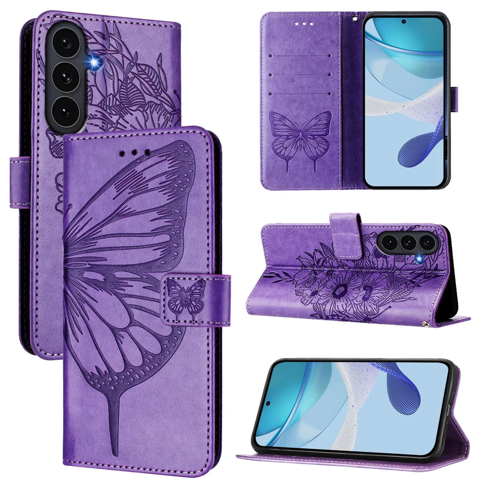 For Samsung Galaxy S26 FE Wallet Case with Wrist Strap Butterfly Imprint Leather Phone Cover - Light Purple - 2