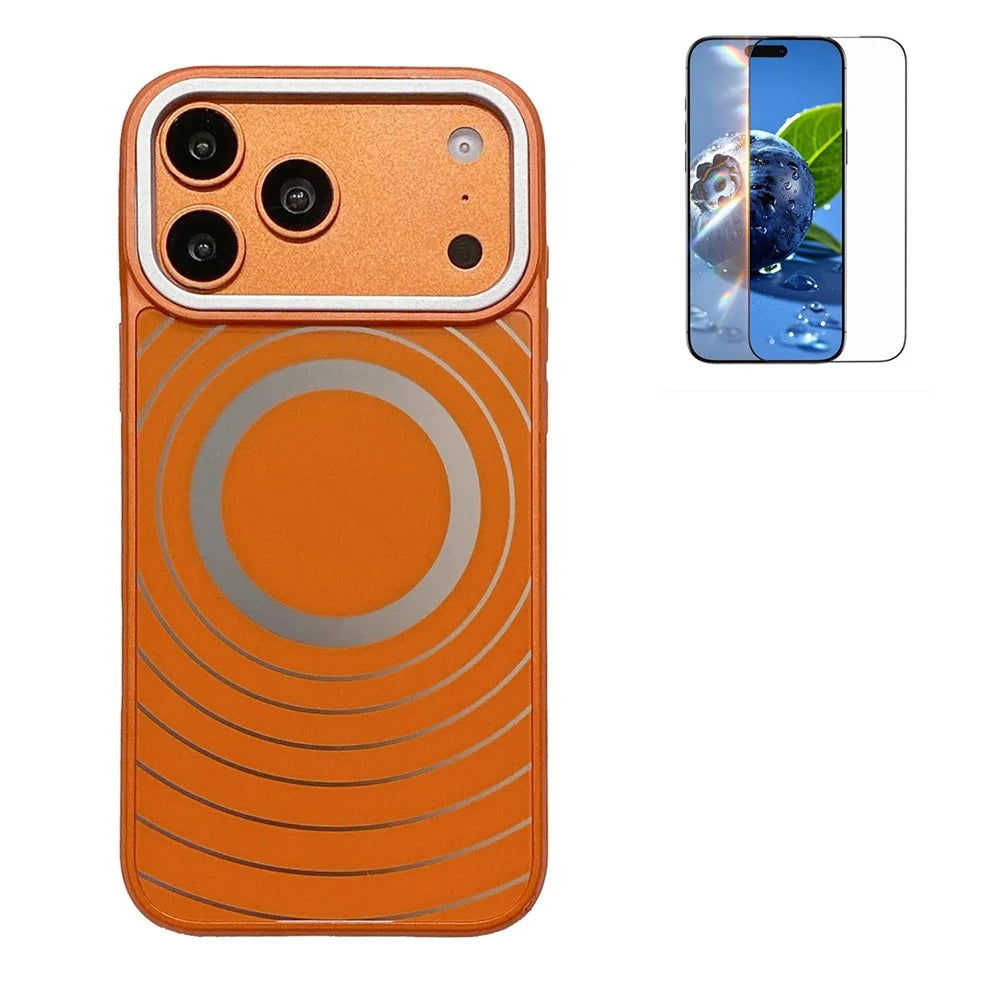 For iPhone 17 Pro Magnetic Case Frosted Wave Texture PC + TPU Phone Cover with Tempered Glass Screen Protector - Orange - 1