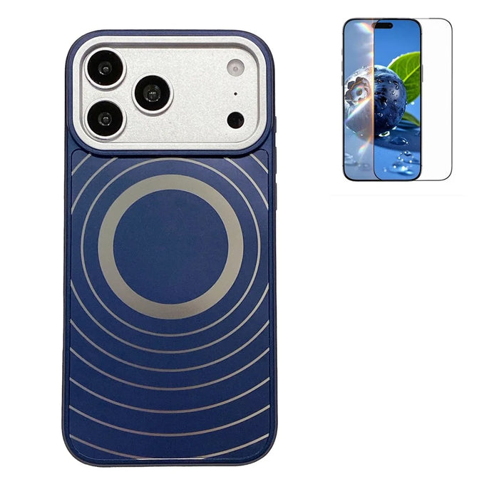 For iPhone 17 Pro Max Magnetic Case Frosted Wave Texture PC + TPU Phone Cover with Tempered Glass Screen Protector - Blue - 1