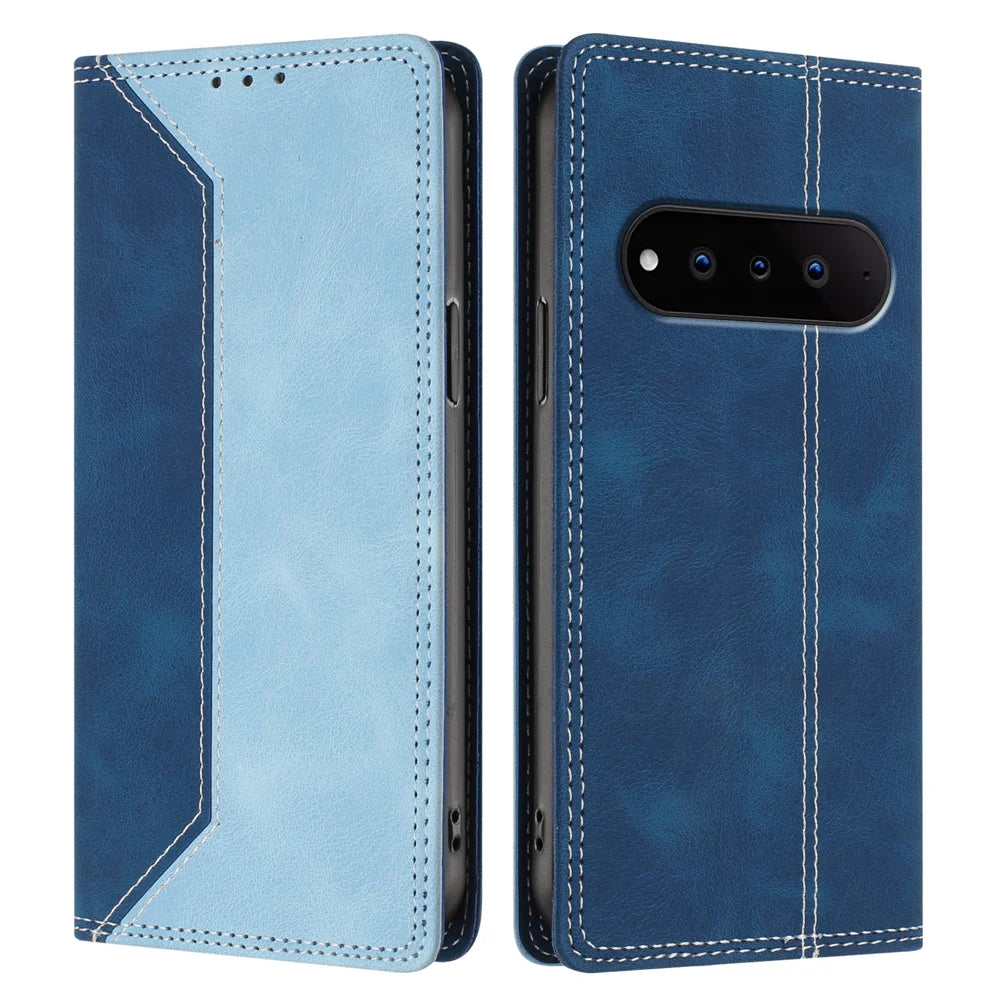 For Natural AI Phone Leather Case Skin Touch Color Splicing RFID Blocking Wallet Stand Phone Cover - Dark Blue / Blue - 1