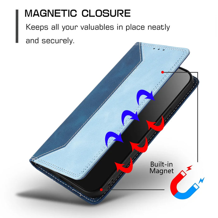 For Natural AI Phone Leather Case Skin Touch Color Splicing RFID Blocking Wallet Stand Phone Cover - Dark Blue / Blue - 2