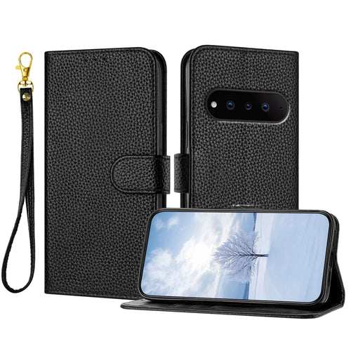 For Natural AI Phone Leather Case Litchi Texture Wallet Stand Anti Drop Phone Cover with Wrist Strap - Black - 1