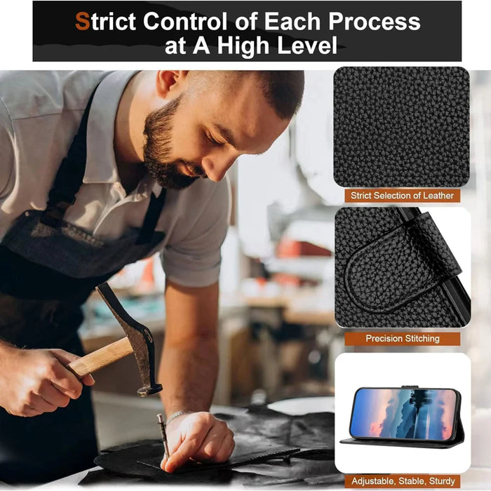 For Natural AI Phone Leather Case Litchi Texture Wallet Stand Anti Drop Phone Cover with Wrist Strap - Black - 2