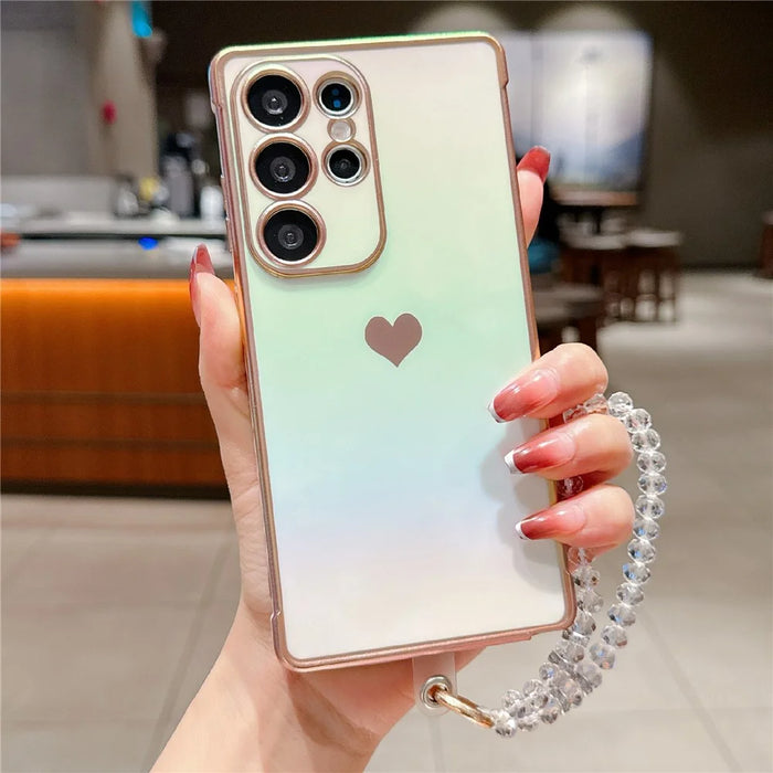 For Samsung Galaxy S25 Ultra Case Heart Pattern Iridescent Gradient TPU Phone Cover with Beaded Strap - Colorful White - 2