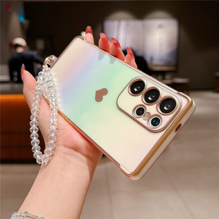 For Samsung Galaxy S25 Ultra Case Heart Pattern Iridescent Gradient TPU Phone Cover with Beaded Strap - Colorful White - 3
