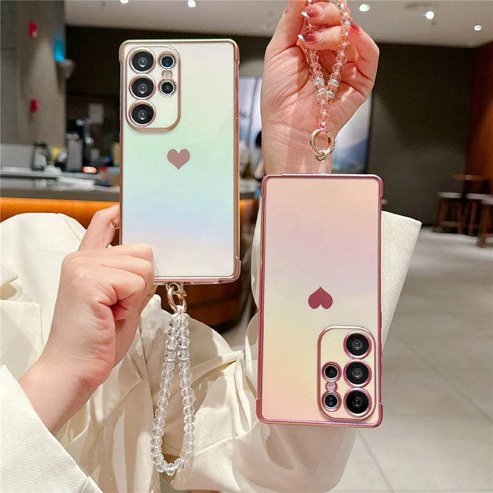 For Samsung Galaxy S25 Ultra Case Heart Pattern Iridescent Gradient TPU Phone Cover with Beaded Strap - Colorful White - 5