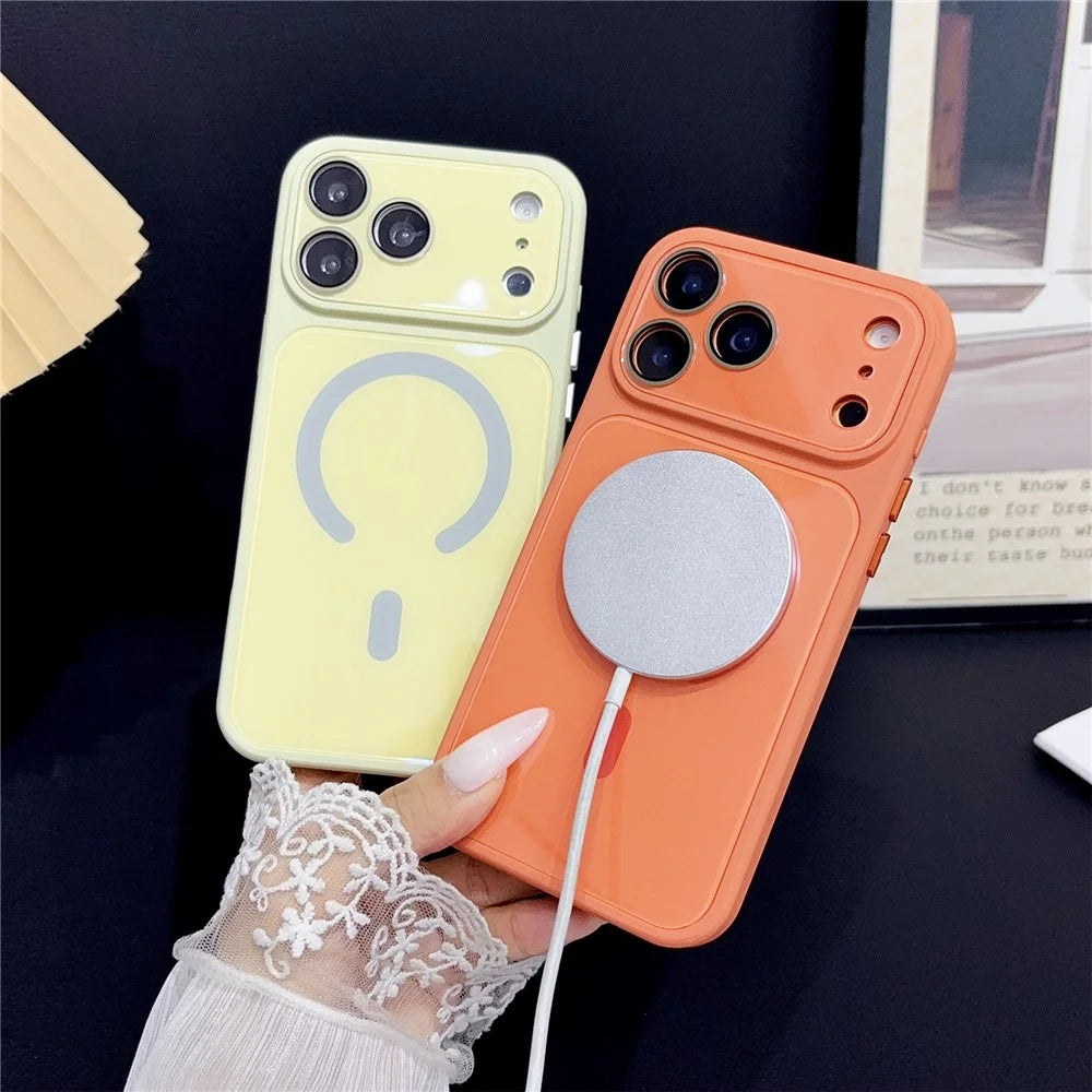 For iPhone 17 Pro Max Magnetic Case TPU Acrylic Tempered Glass Back Panel Protective Phone Cover - Orange - 3