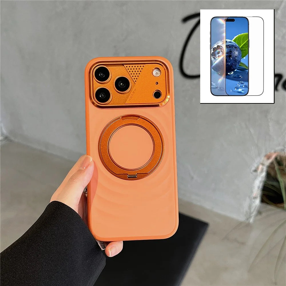 For iPhone 17 Pro Magnetic Case Kickstand Ripple Texture TPU Phone Cover with Tempered Glass Screen Protector - Orange - 1
