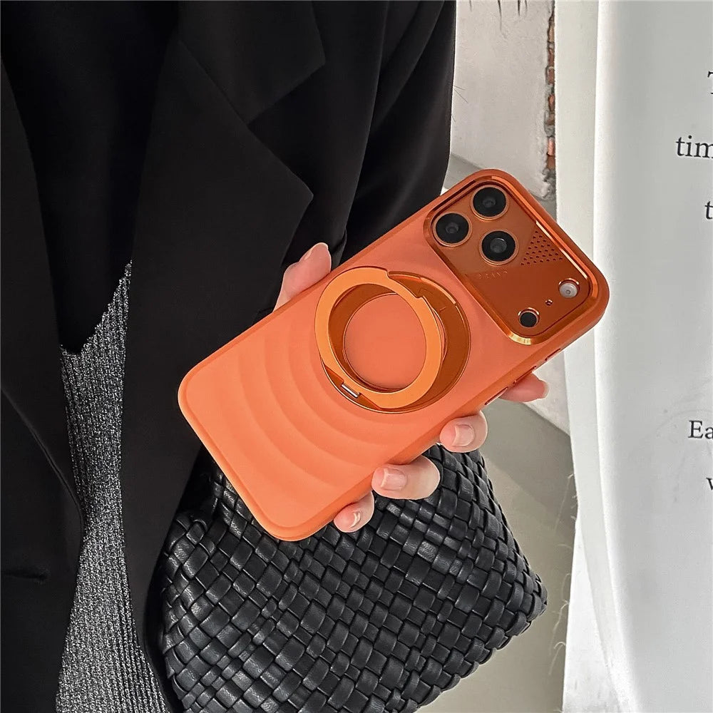 For iPhone 17 Pro Magnetic Case Kickstand Ripple Texture TPU Phone Cover with Tempered Glass Screen Protector - Orange - 2