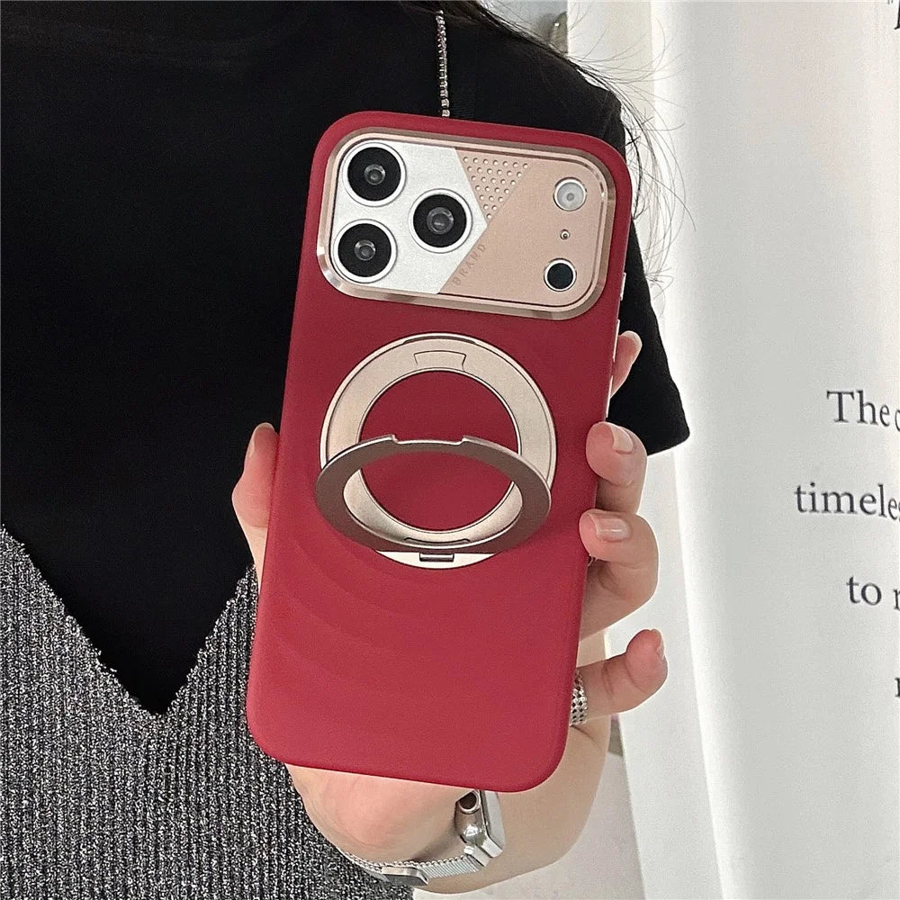 For iPhone 17 Pro Magnetic Case Kickstand Ripple Texture TPU Phone Cover with Tempered Glass Screen Protector - Orange - 3