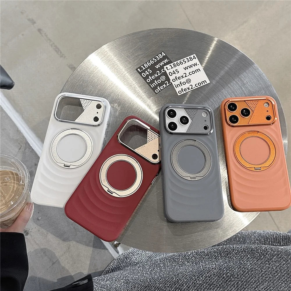 For iPhone 17 Pro Magnetic Case Kickstand Ripple Texture TPU Phone Cover with Tempered Glass Screen Protector - Orange - 4