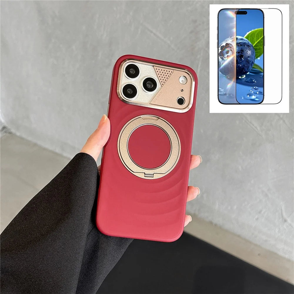 For iPhone 17 Pro Max Magnetic Case Kickstand Ripple Texture TPU Phone Cover with Tempered Glass Screen Protector - Red - 1