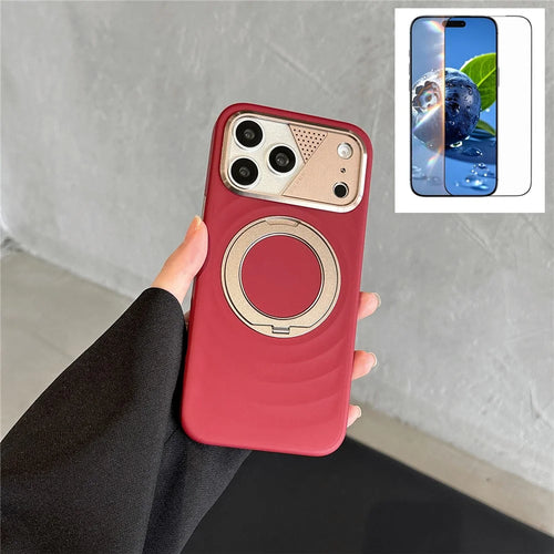 For iPhone 17 Pro Max Magnetic Case Kickstand Ripple Texture TPU Phone Cover with Tempered Glass Screen Protector - Red - 1