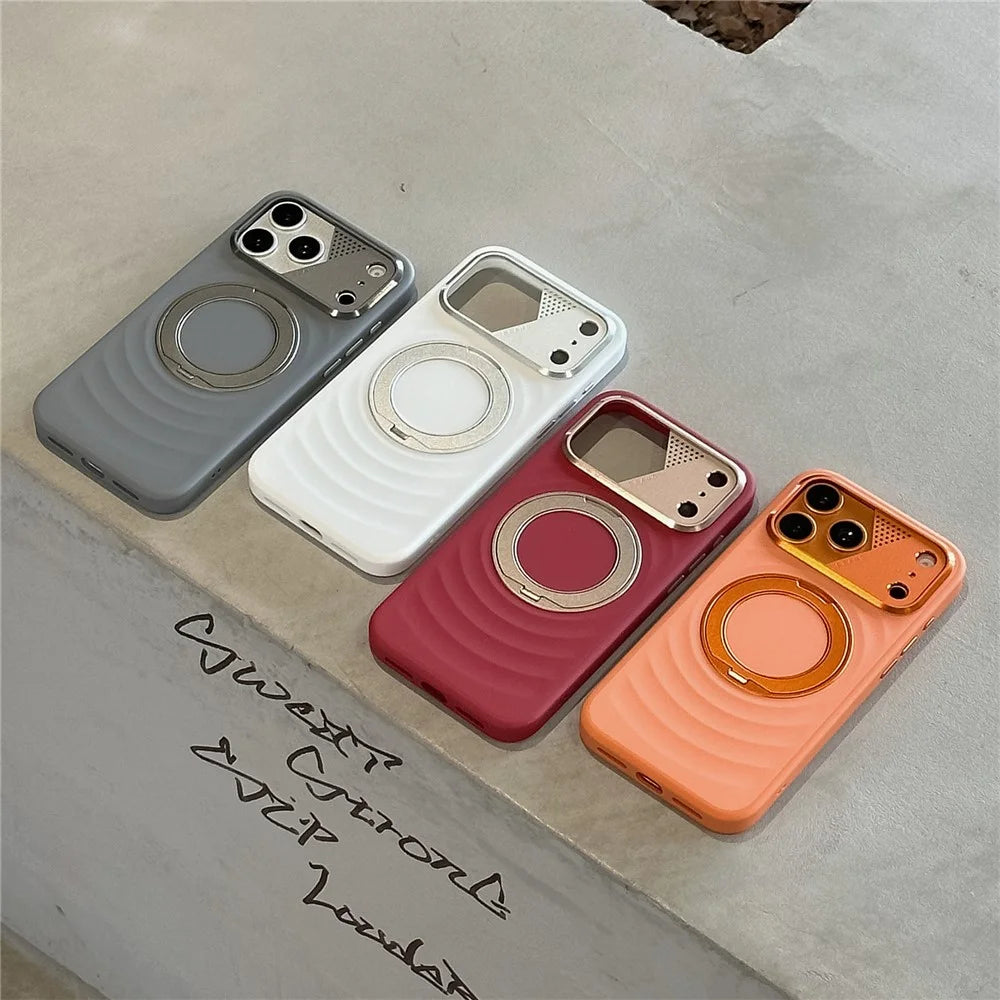 For iPhone 17 Pro Max Magnetic Case Kickstand Ripple Texture TPU Phone Cover with Tempered Glass Screen Protector - Red - 3
