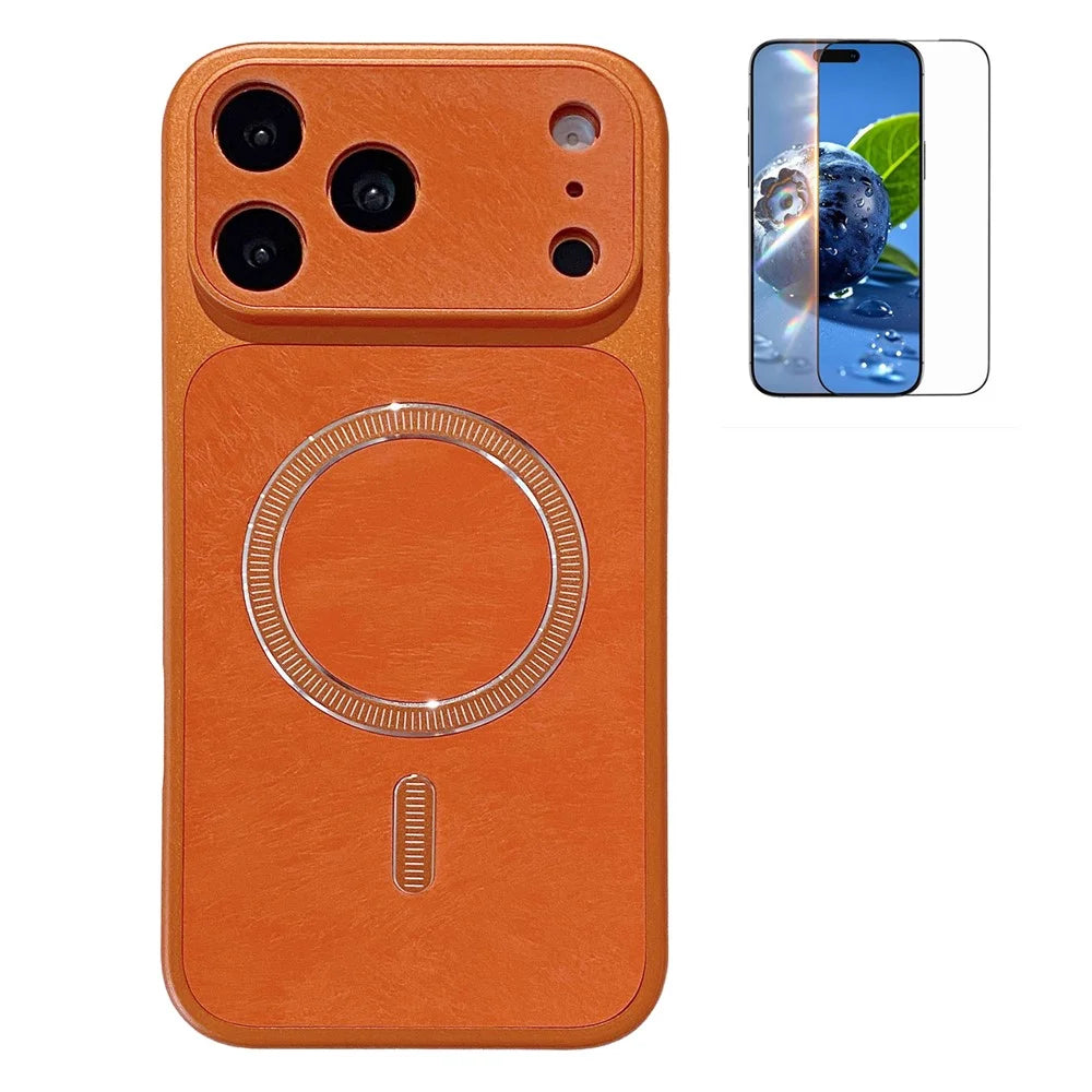For iPhone 17 Pro Max Magnetic Case Matte PC + TPU Heat Dissipation Phone Cover with Tempered Glass Screen Protector - Orange - 1
