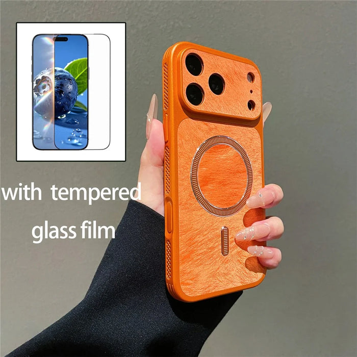 For iPhone 17 Pro Max Magnetic Case Matte PC + TPU Heat Dissipation Phone Cover with Tempered Glass Screen Protector - Orange - 3