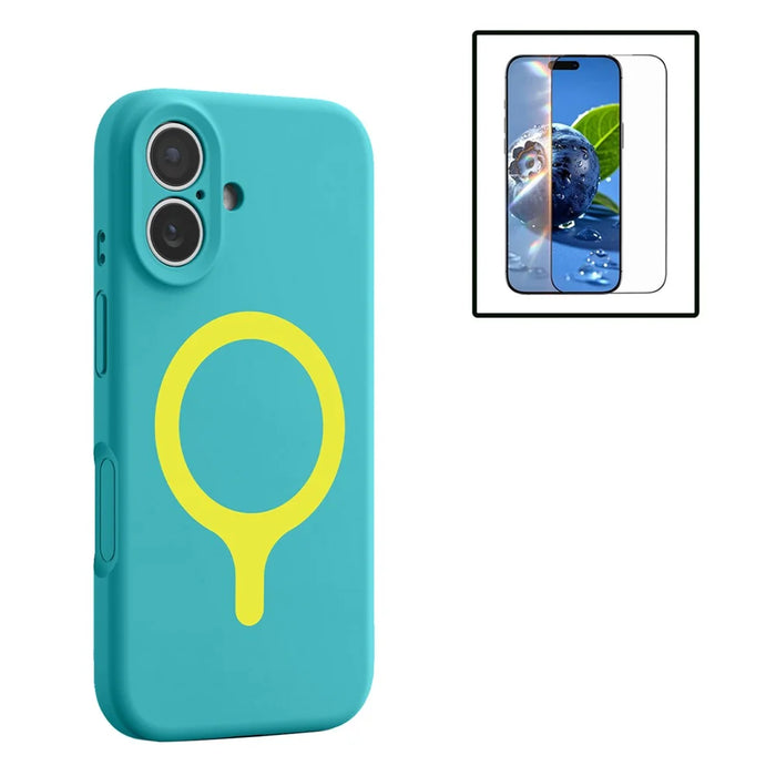 For iPhone 16 Magnetic Case Liquid Silicone Anti Scratch Phone Cover with Tempered Glass Screen Protector - Mint Blue - 1