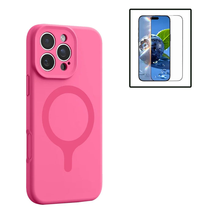 For iPhone 16 Pro Magnetic Case Liquid Silicone Anti Scratch Phone Cover with Tempered Glass Screen Protector - Blossoming Pink - 1
