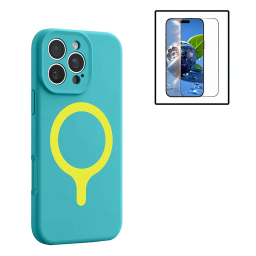 For iPhone 16 Pro Max Magnetic Case Liquid Silicone Anti Scratch Phone Cover with Tempered Glass Screen Protector - Mint Blue - 1