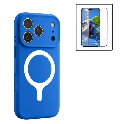 For iPhone 17 Pro Magnetic Case Liquid Silicone Anti Scratch Phone Cover with Tempered Glass Screen Protector - Mediterranean Blue - 1