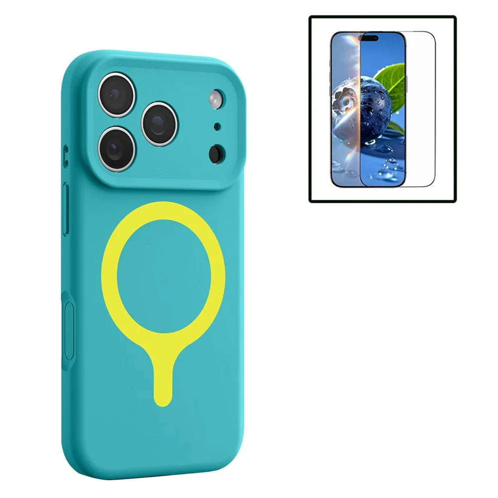 For iPhone 17 Pro Max Magnetic Case Liquid Silicone Anti Scratch Phone Cover with Tempered Glass Screen Protector - Mint Blue - 1