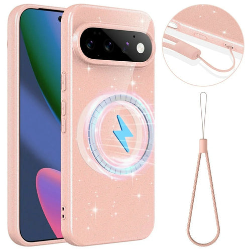 For Google Pixel 11 Pro Magnetic Case Glitter TPU Shockproof Phone Cover with Lanyard - Pink - 1
