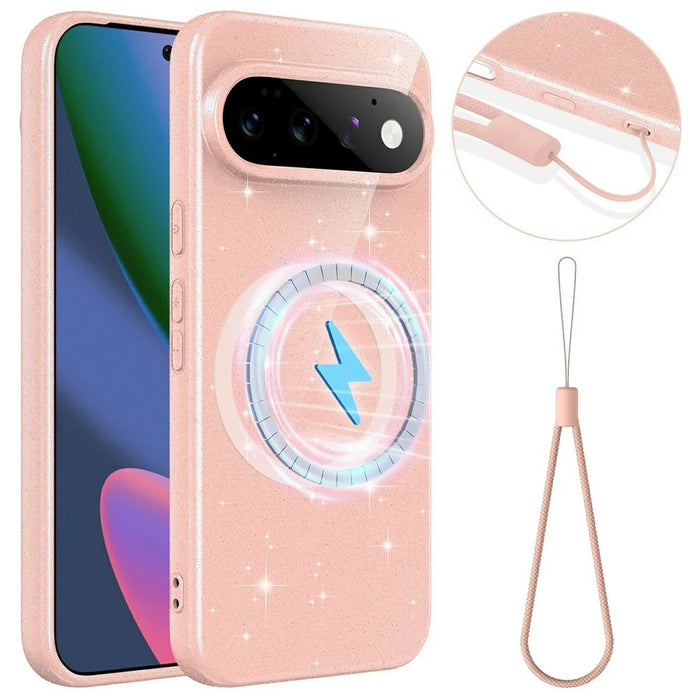 For Google Pixel 11 Pro Magnetic Case Glitter TPU Shockproof Phone Cover with Lanyard - Pink - 1