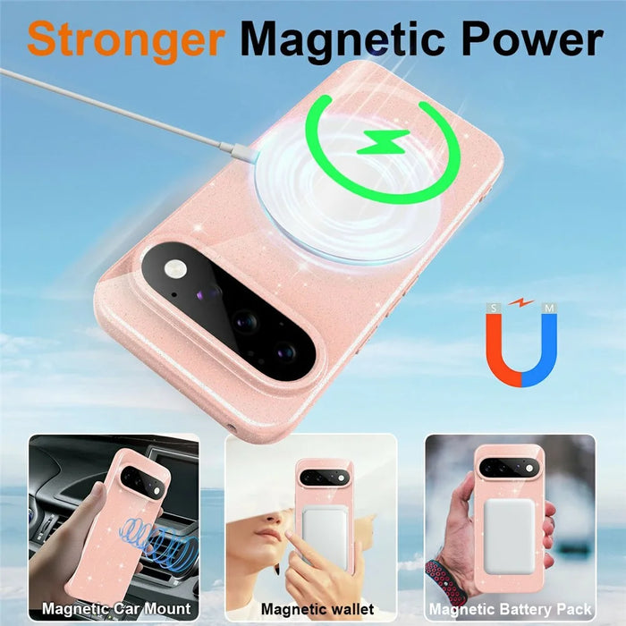 For Google Pixel 11 Pro Magnetic Case Glitter TPU Shockproof Phone Cover with Lanyard - Pink - 4