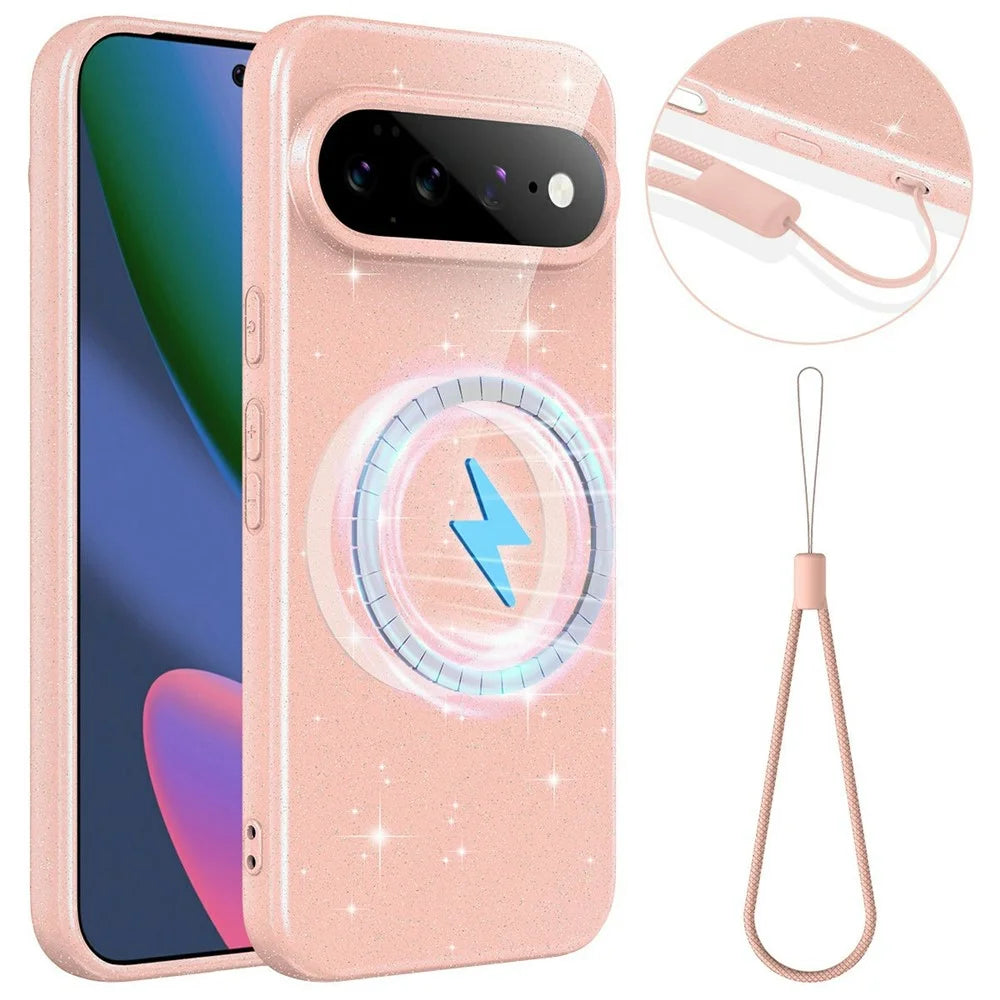 For Google Pixel 11 Pro XL Magnetic Case Glitter TPU Shockproof Phone Cover with Lanyard - Pink - 1
