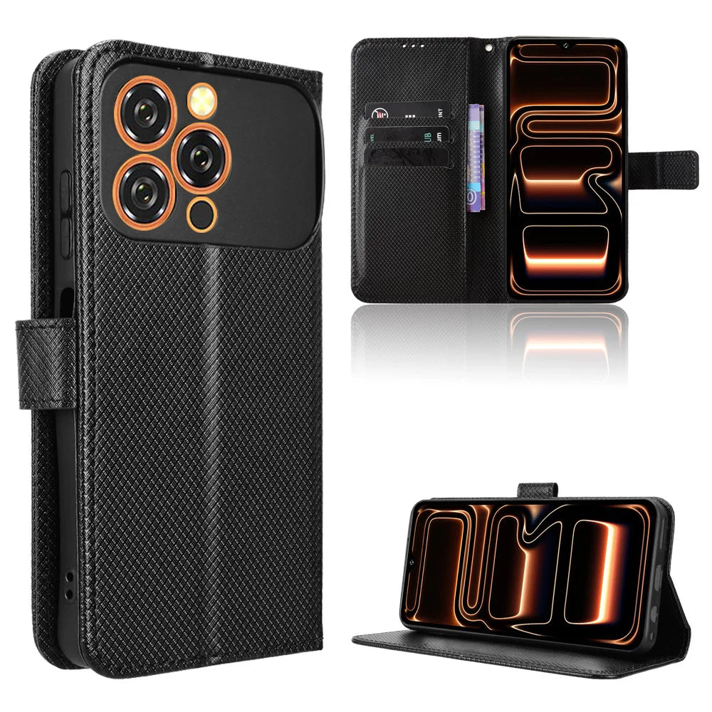 For Oukitel C17 Leather Wallet Case with Strap Diamond Texture Phone Cover - Black - 1