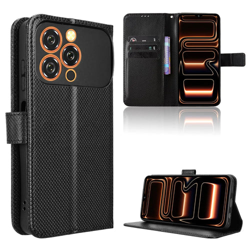 For Oukitel C17 Leather Wallet Case with Strap Diamond Texture Phone Cover - Black - 1