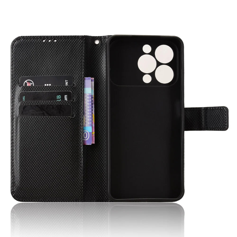 For Oukitel C17 Leather Wallet Case with Strap Diamond Texture Phone Cover - Black - 5